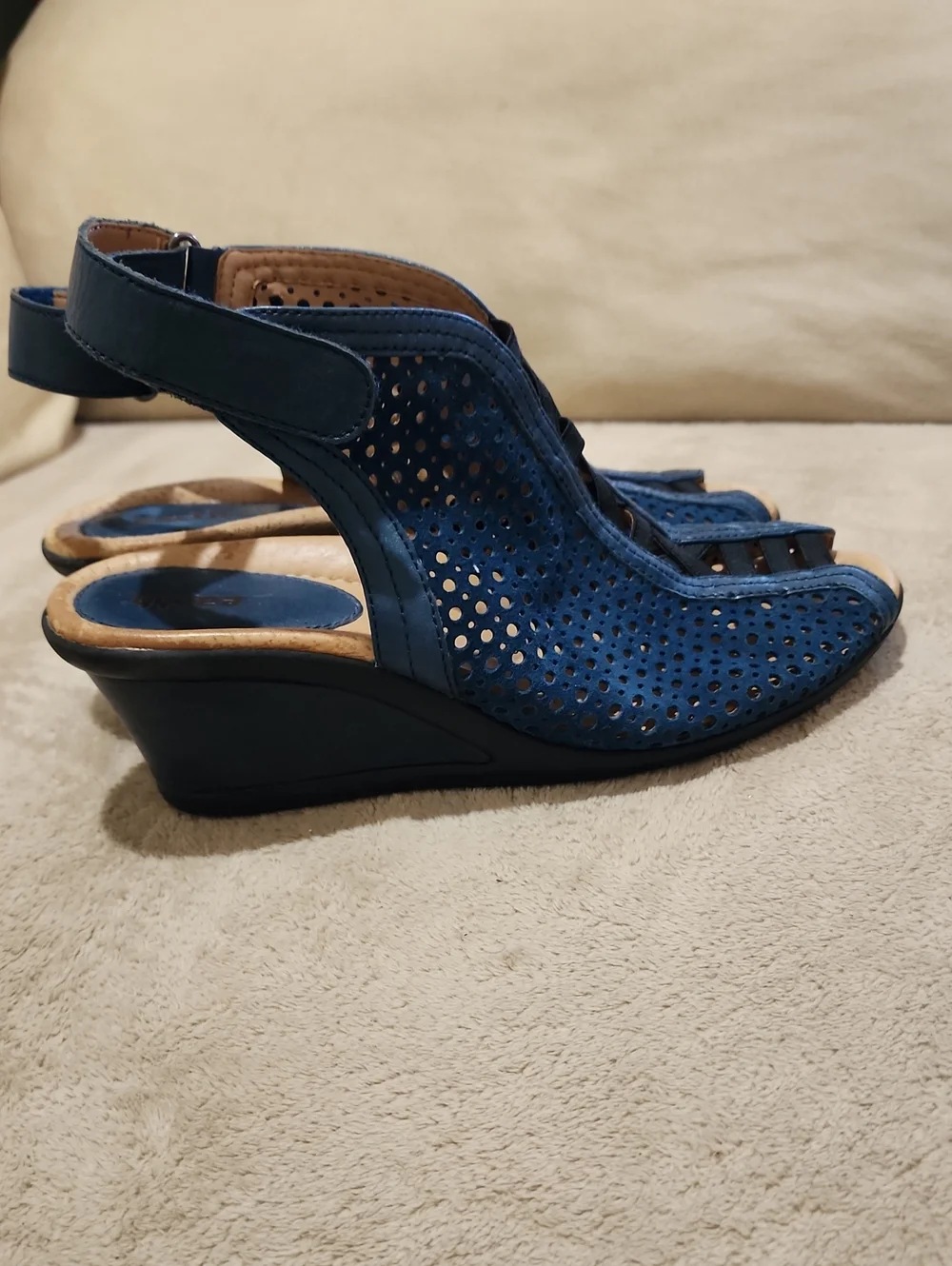 Earth Blue Perforated Suede Peep-Toe Sandals with Ankle Strap.
